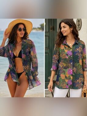 Coconut Row 100% silk Floral Sheer Button-Down Shirt -‎ Green/Purple L